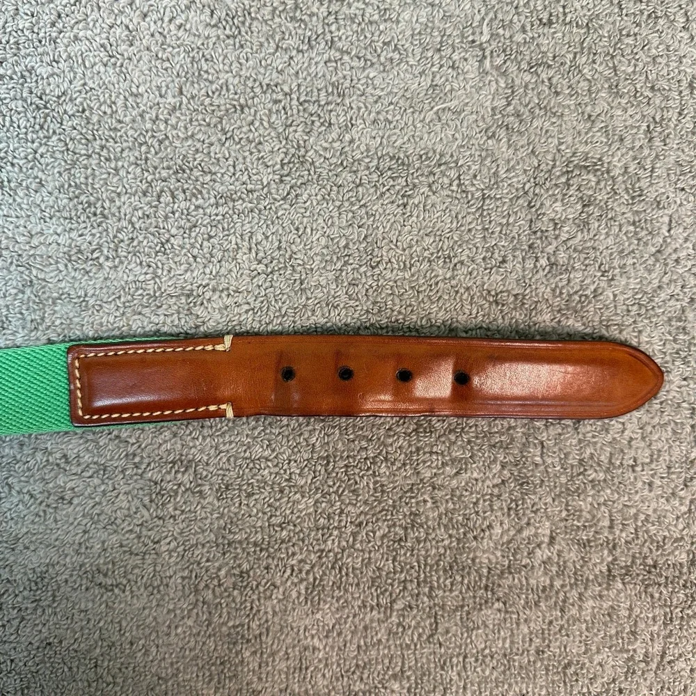 Trafalgar Mens Green Woven Fabric Brown Leather Belt Silver Tone Buckle 55 Inch